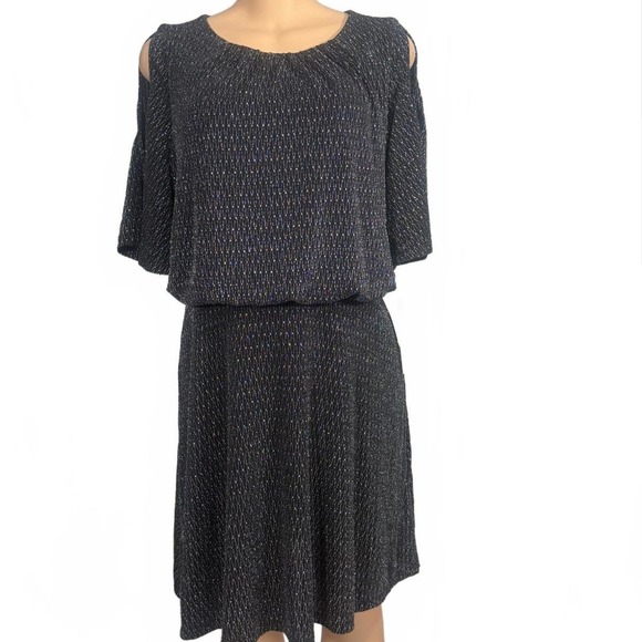 London Times Chic Cold Shoulder Dress Metallic Print Elastic Waist Midi Size XLP - Picture 6 of 6